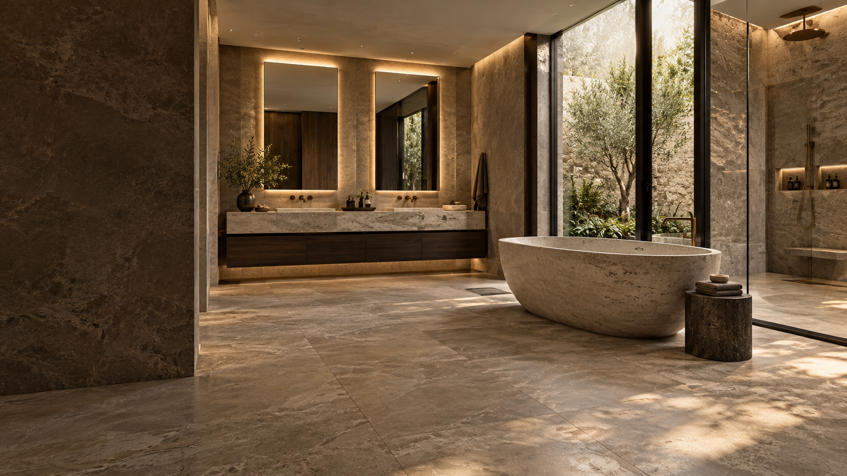 Concept di un ampio bagno con pietra naturale, legno scuro e luce calda