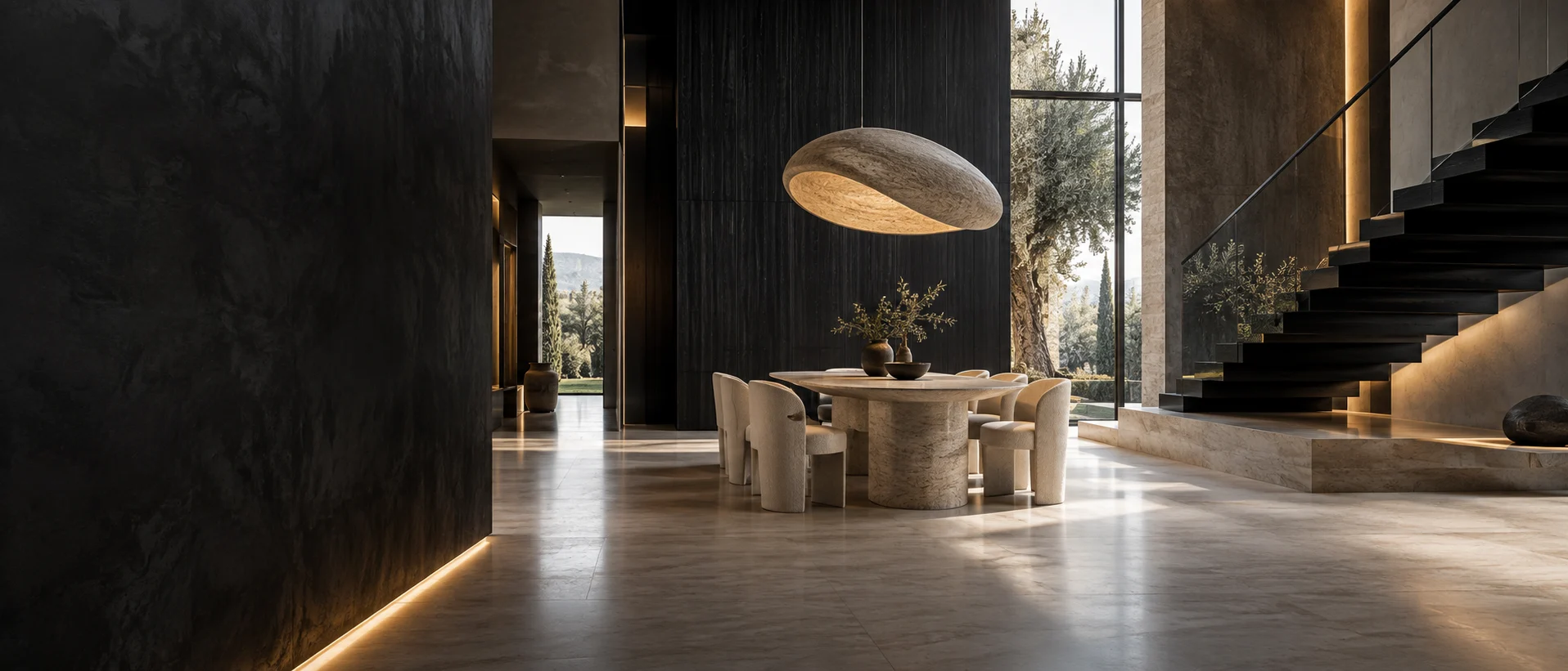 Concept di un interno contemporaneo con materiali naturali e luce calda